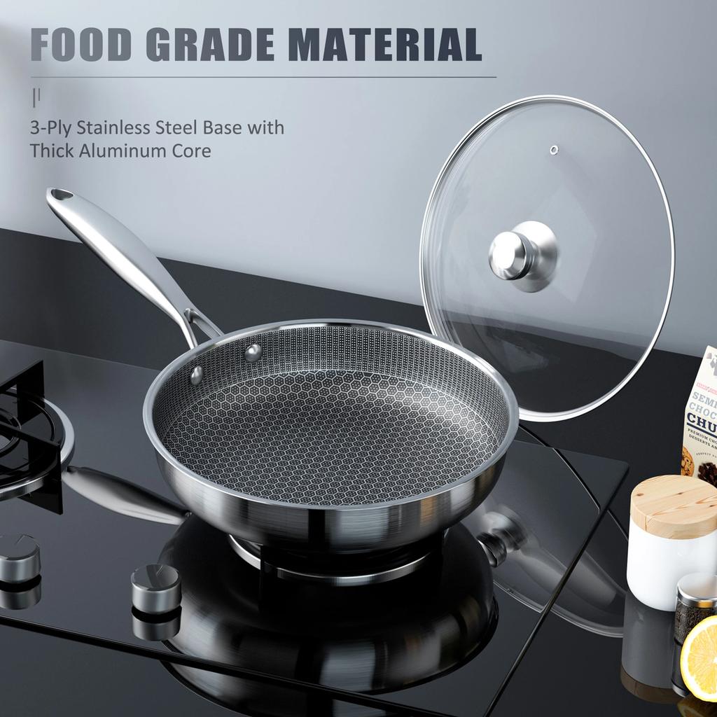 26/28cm With Glass lid Frying Pan Stainless Steel Cooking Pot Non Stick for Cooking Steak Pancake Egg for induction Cooker