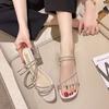 Two Wear Crystal Cool Slippers, Women's Summer Wear New Versatile Medium Heel Thick Heel Shoes