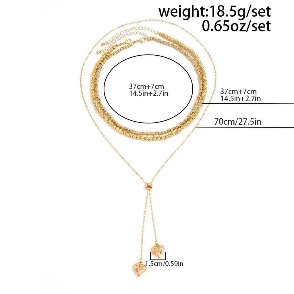 SHIXIN 3Pcs/Set Hip-hop Multi-layer CCB Beaded Chain Necklace for Women Trendy Metal Heart-shaped Pendant Clavicle Chain Jewelry