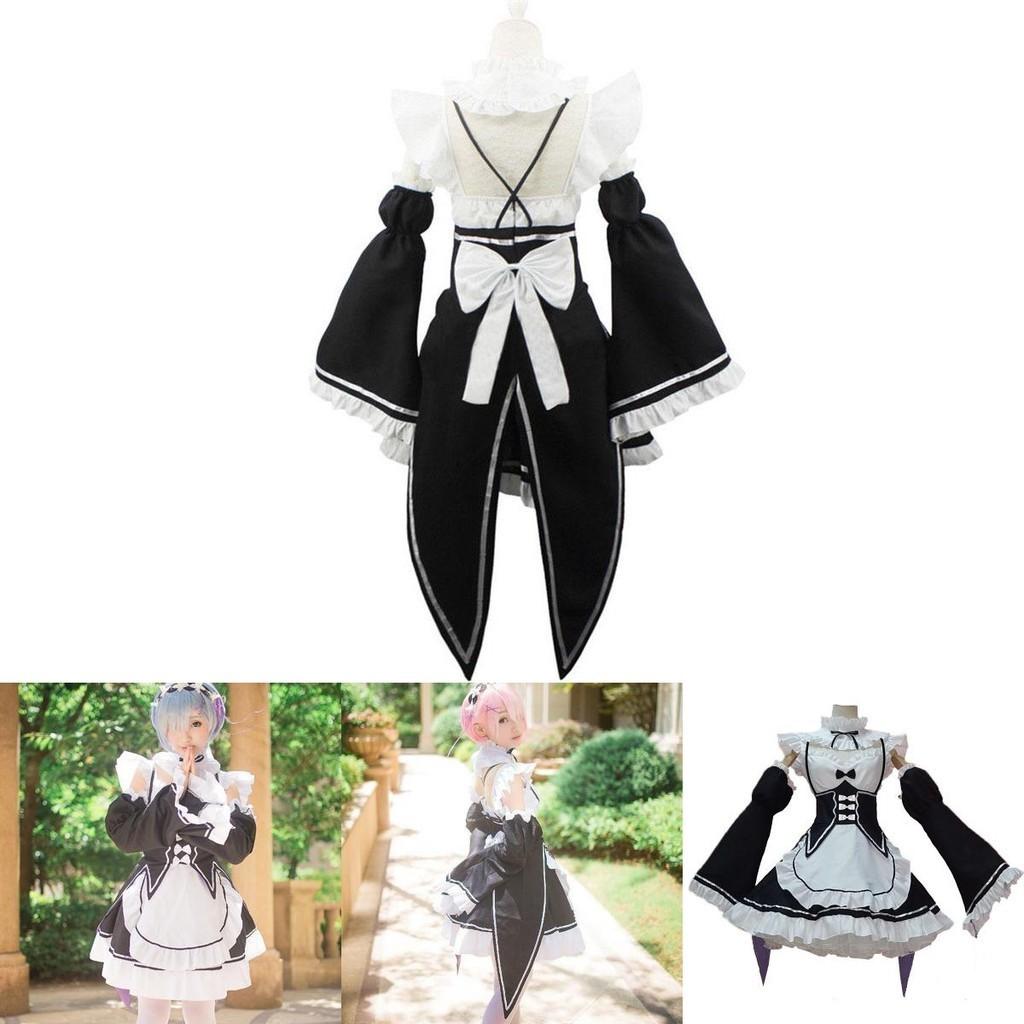 Squisito Costume Cosplay Abito da Cameriera Gemelle Ram/Rem di Rezero Kara Hajimeru Isekai Seikatsu Con Cuciture Perfette