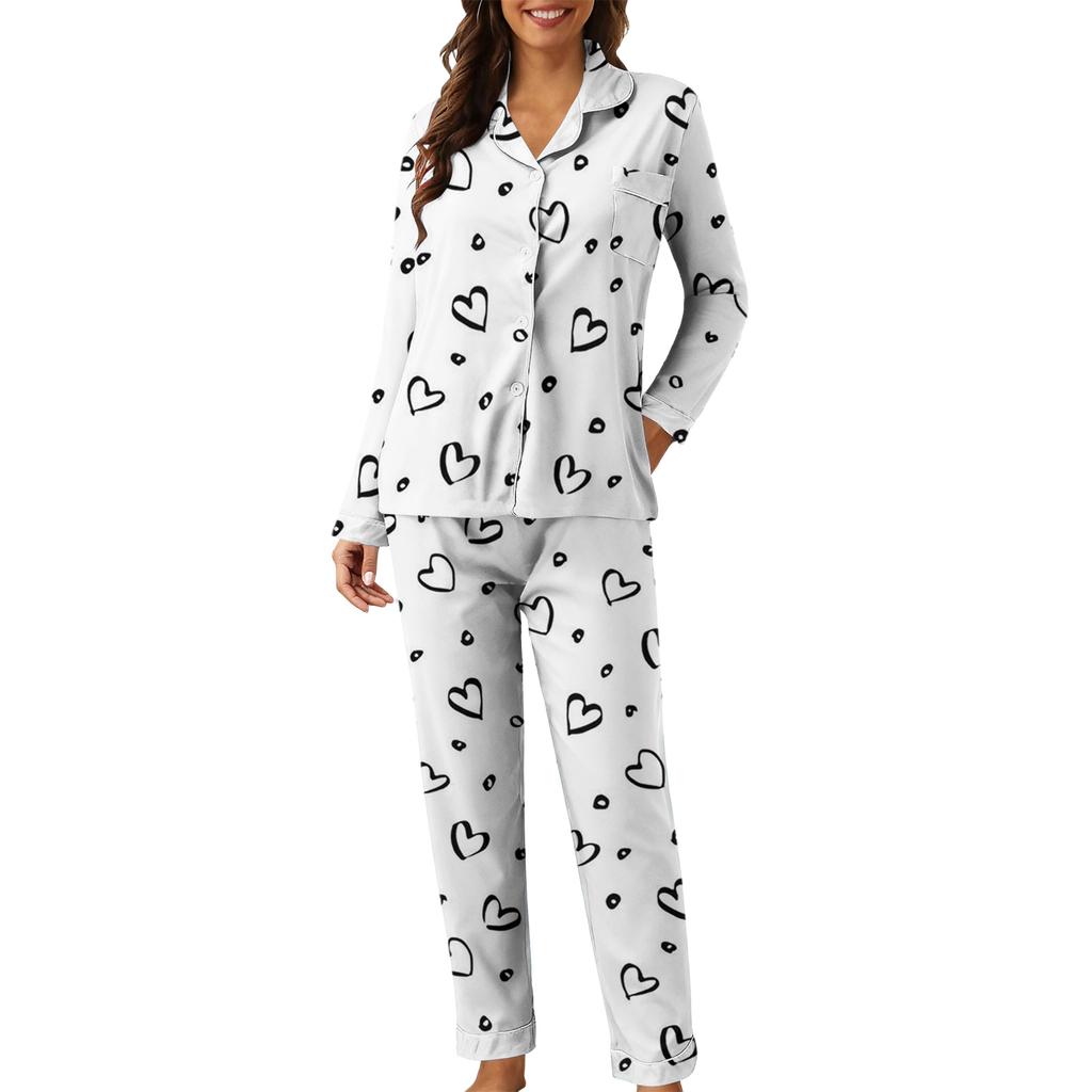 Women's Casual Fashion Heart Print Long-Sleeved Top And Trousers Homewear Set
