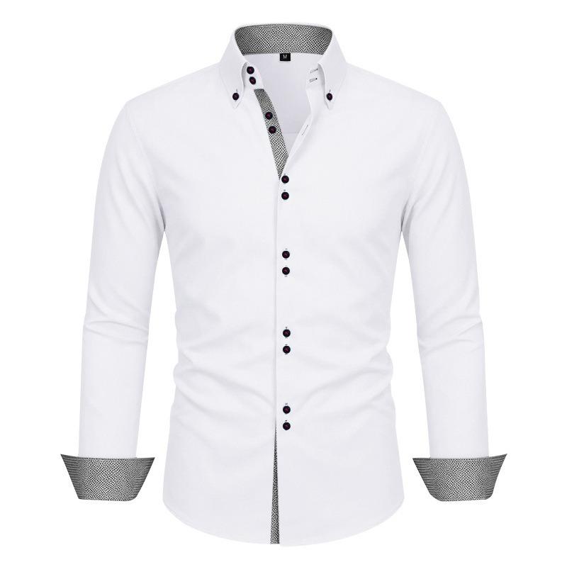 Herren-Farbblock-Stretch-Knitterfreies Langarm-Button-Down-Hemd.