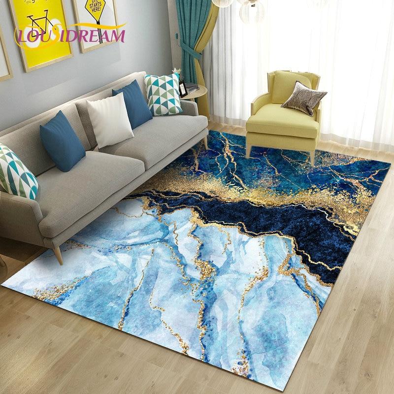 Nordic Marble Texture Goldren Cyan Area Rug Large,Carpet Rug for Living Room Bedroom Sofa Doormat Decor,Kid Non-slip Floor Mat