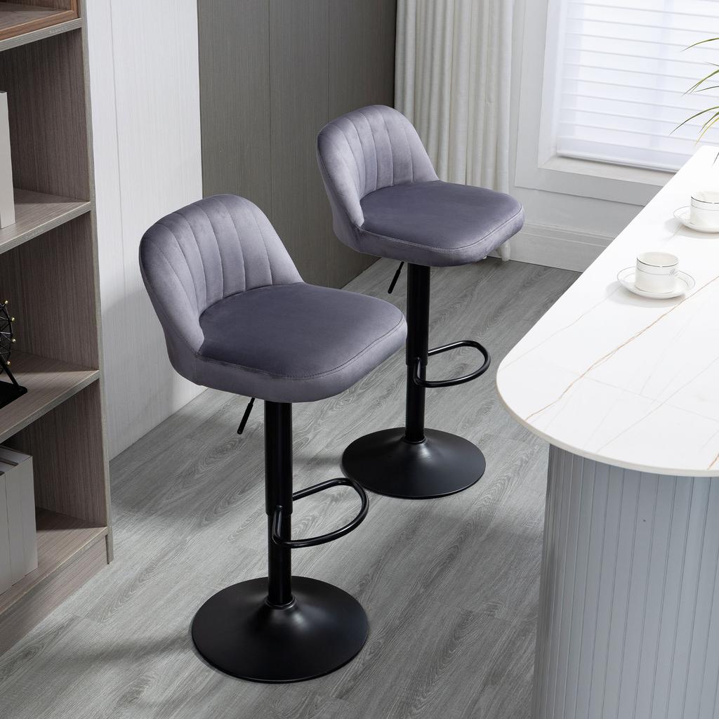 Bar Stools, Set of 2, Footrest, Adjustable Height, Swivel, Grey
