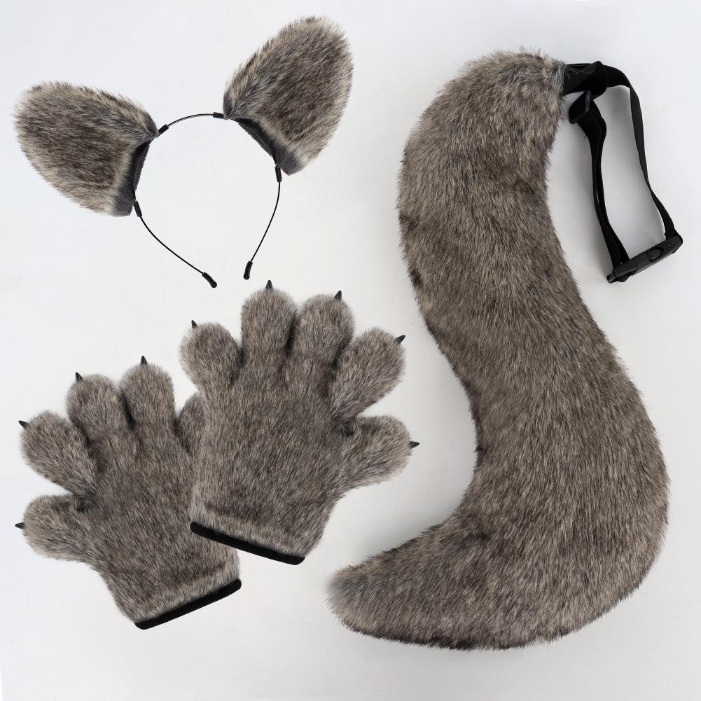 Neue Wolfskralle Handschuhe Halloween Plüsch Wolfsohr Simulation Schwanz Tier Schwanz Thermische Handschuhe Cosplay Requisiten gray