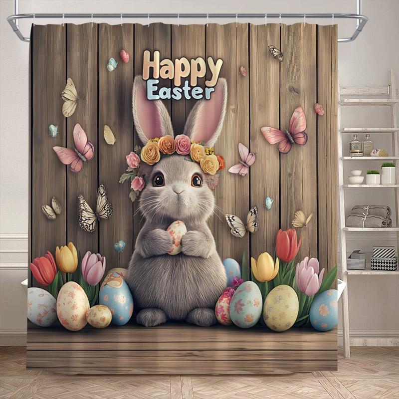 

Funny Bunny Easter Shower Curtains Butterfly Watercolour Floral Rabbit Eggs Rustic Fabric Home Bathroom Curtain Decor With Hooks W60H190(CM)-1 Pcs
