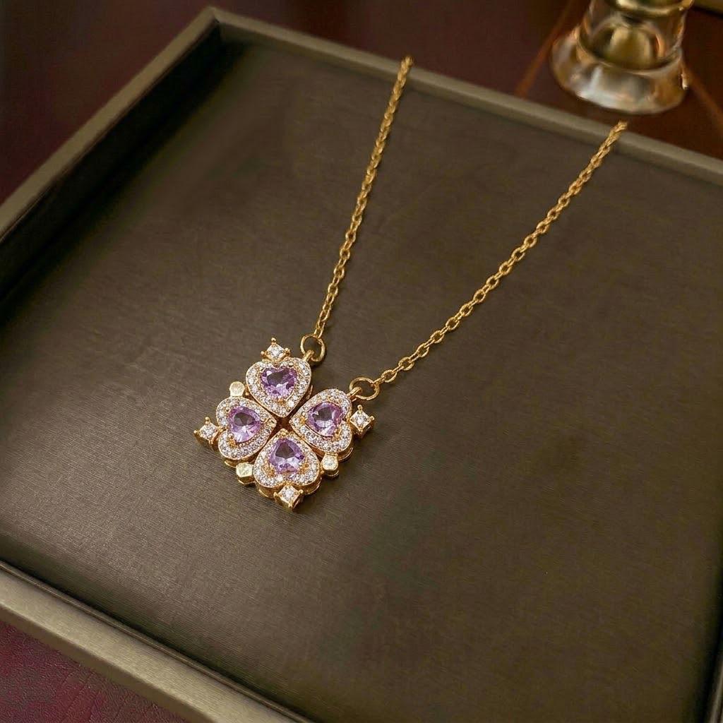 Women's Heart-Shaped Necklace with Four-Petal Flower, Cubic Zirconia, Titanium Steel Clavicle Chain - Elegant and Versatile Accessory