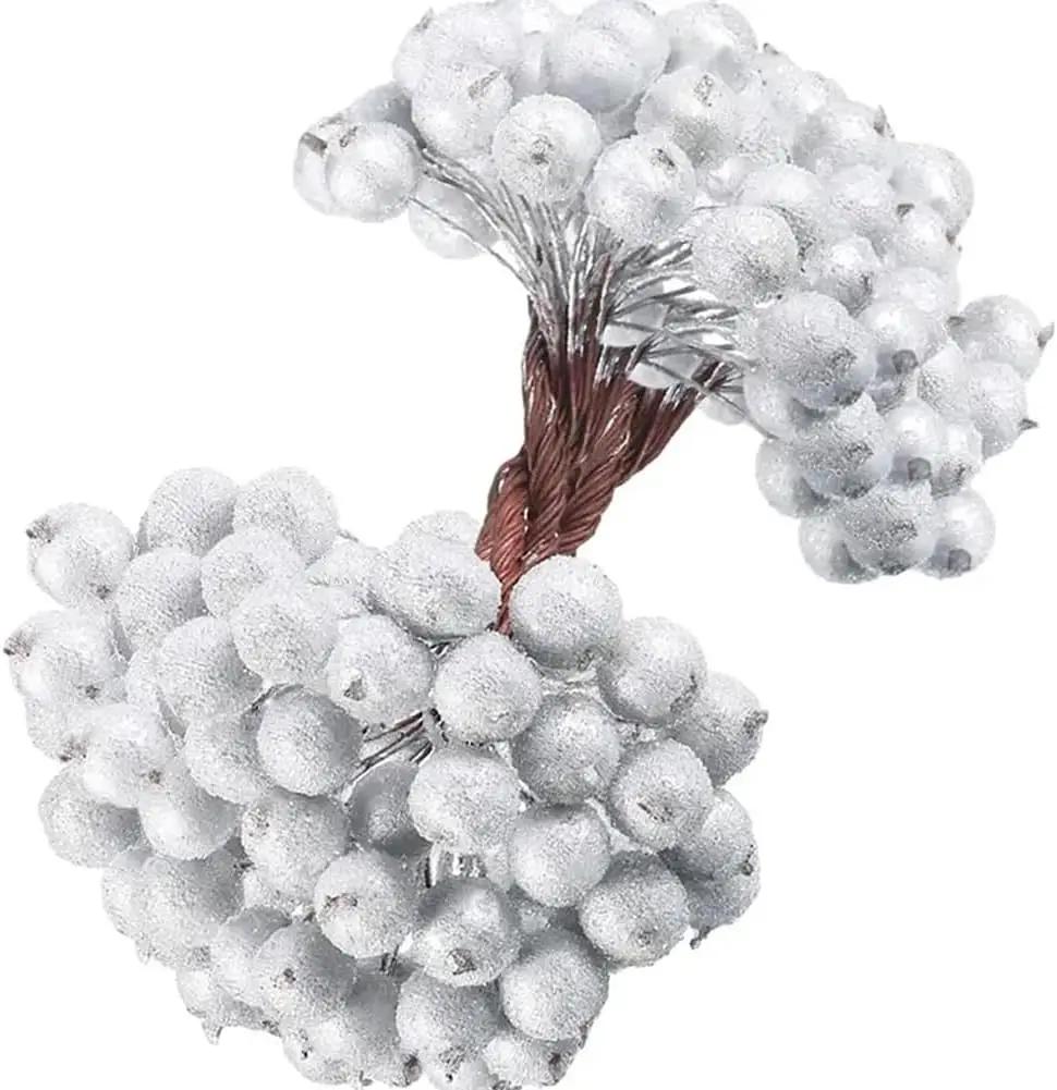 Artificial Frosted Holly Berry Double Head Mini Berry Bouquet Red Berries Flower Christmas Fake Fruit Cherry Stamen DIY Craft