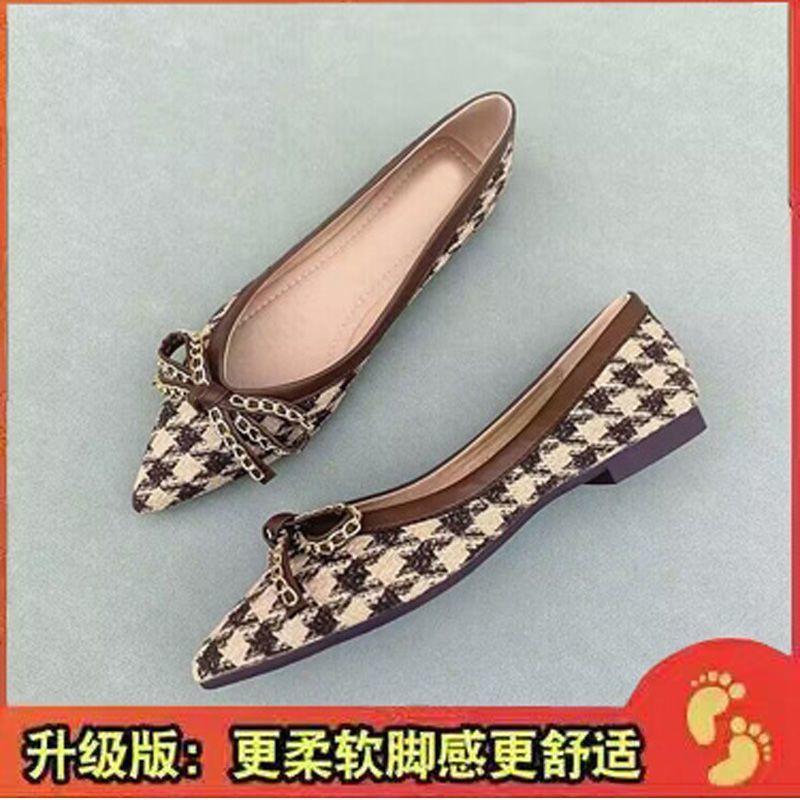 Pointed flat-soled women's single shoes 2025 new thousand bird grid bow lady shoes comfortable versatile soft sole four-season ladyshoes