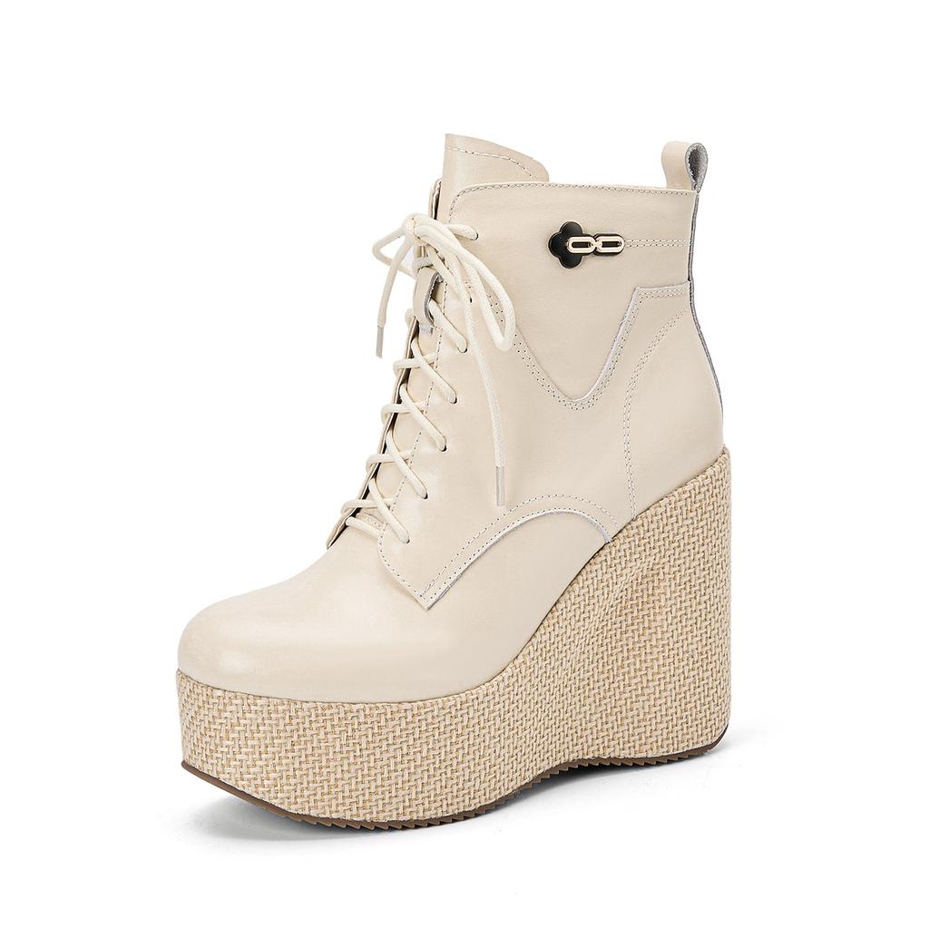 10Cm leather thick-soled wedge heel short boots women's head layer cowhide high heels autumn and winter new front lace-up heightening Martin boots