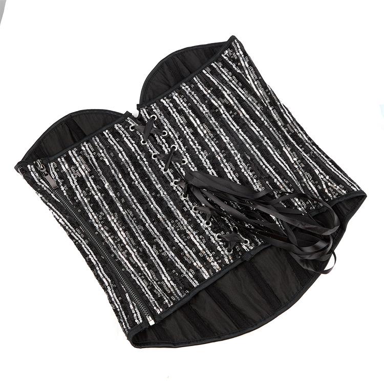 New Style Silver Black Sequin Strapless Bodycon Top with Bra Support Corset Bodysuit for Women