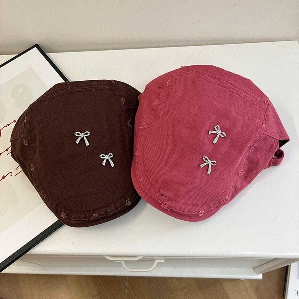 

Pure Color Octagonal Hat Bowknot Retro Painter Hat Personality Bow Beret Outdoor чорний