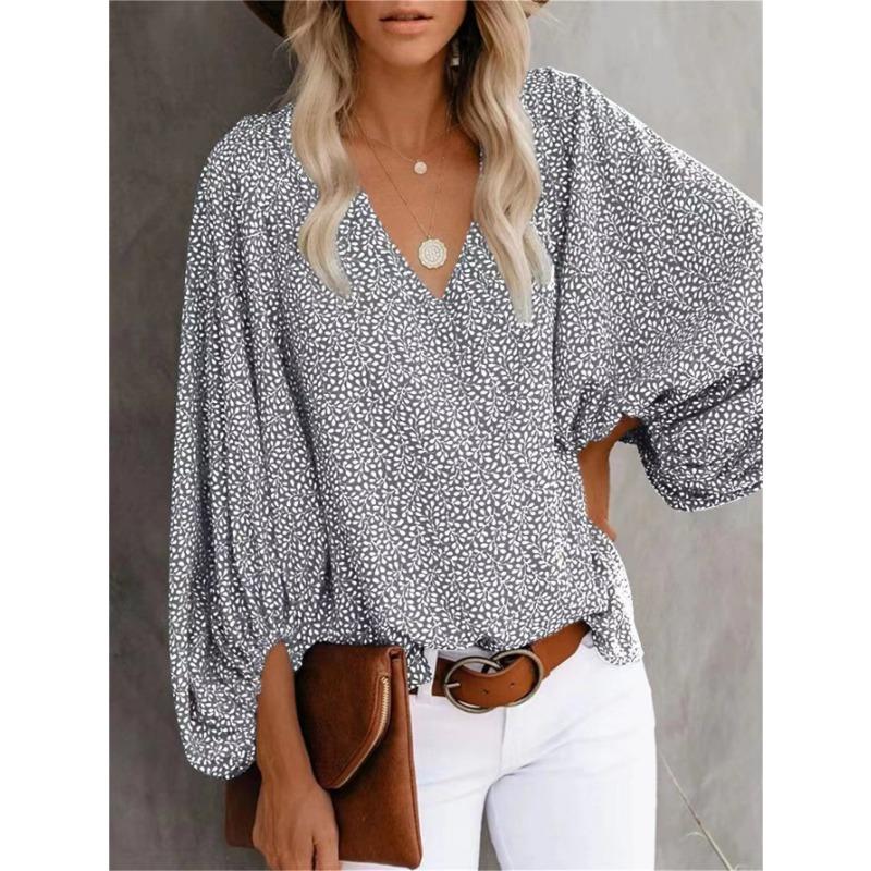 Summer V Neck Printed Lantern Sleeve Loose Fit Shirt
