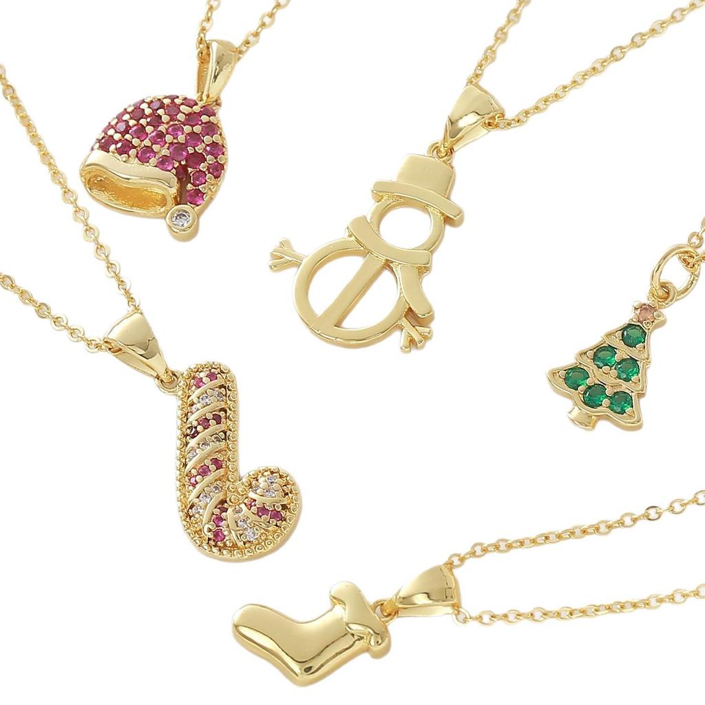 18k Gold Plated Christmas Tree & Snowman Pendant Necklace with Hat, Socks & Scepter - Fashionable Versatile Clavicle Chain.