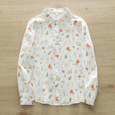 Women's White Mushroom & Snail Print Button Down Shirt Long Sleeve Peter Pan Collar Casual Blouse For Daily Wear