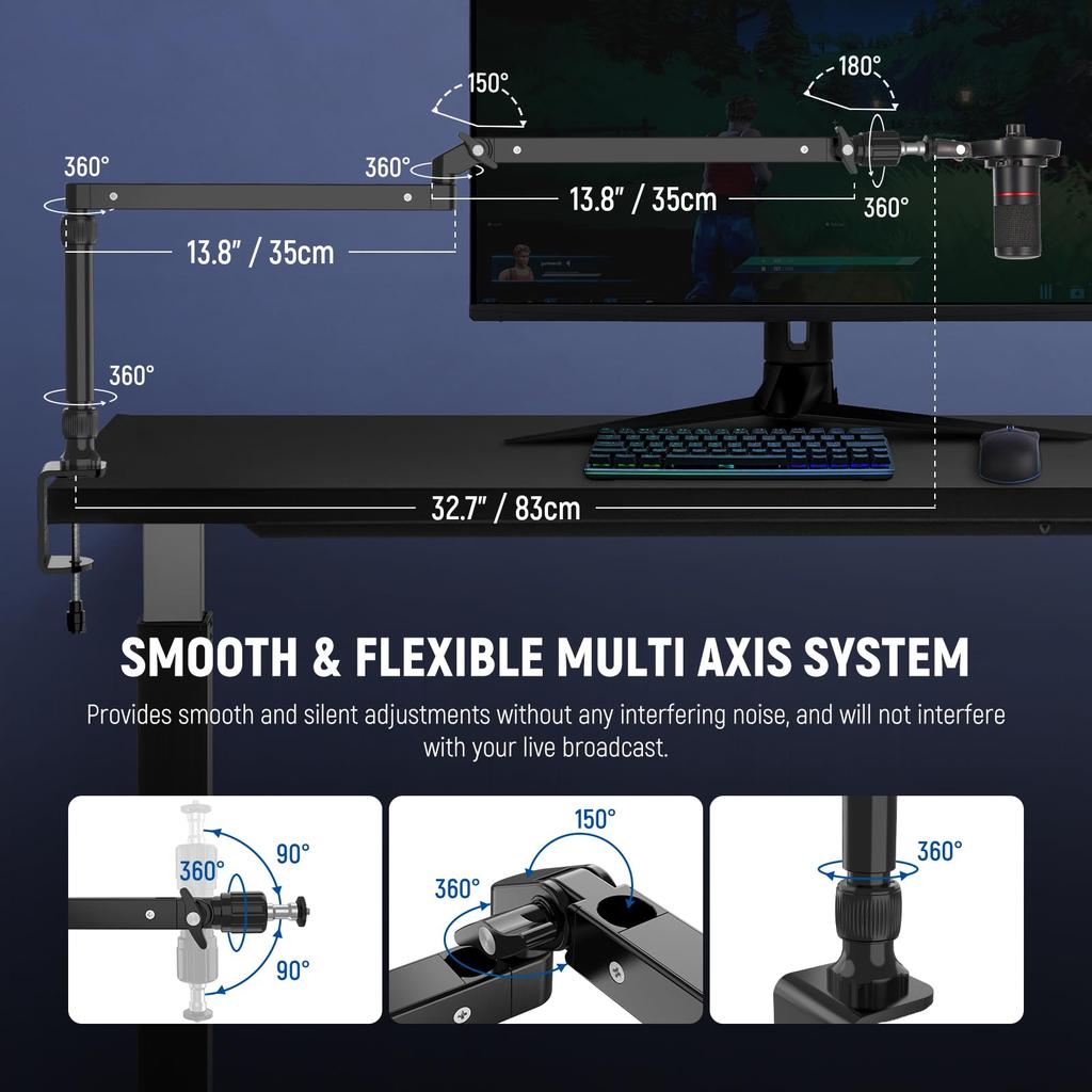 NEEWER Slim Microphone Arm Desk Mount with Damping, 360° Rotation, Articulating Boom Arm with Height Adjustable Pole and Cable Management Channel