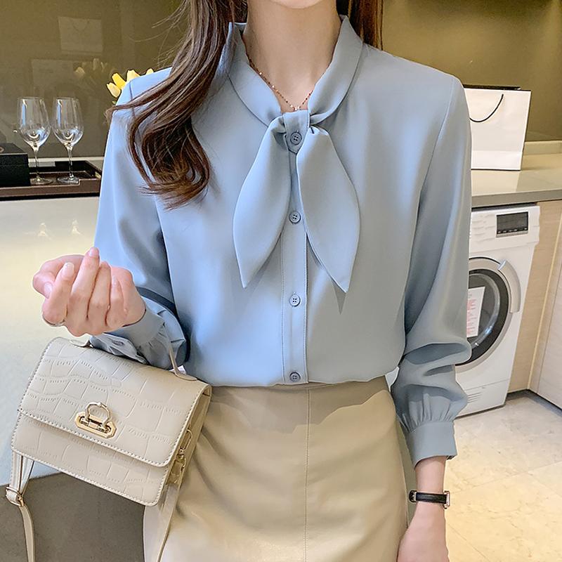 2025 Spring Women Blouses Shirts Long Sleeve Bow Collar Office Lady White Chiffon Blouse  Shirt Women Tops J769
