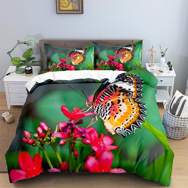Soft Butterfly Floral Duvet Cover Queen Size For Adults Kids Girls Teens Bedroom Decor Flowers 3D Print Bedding Set Pillowcases