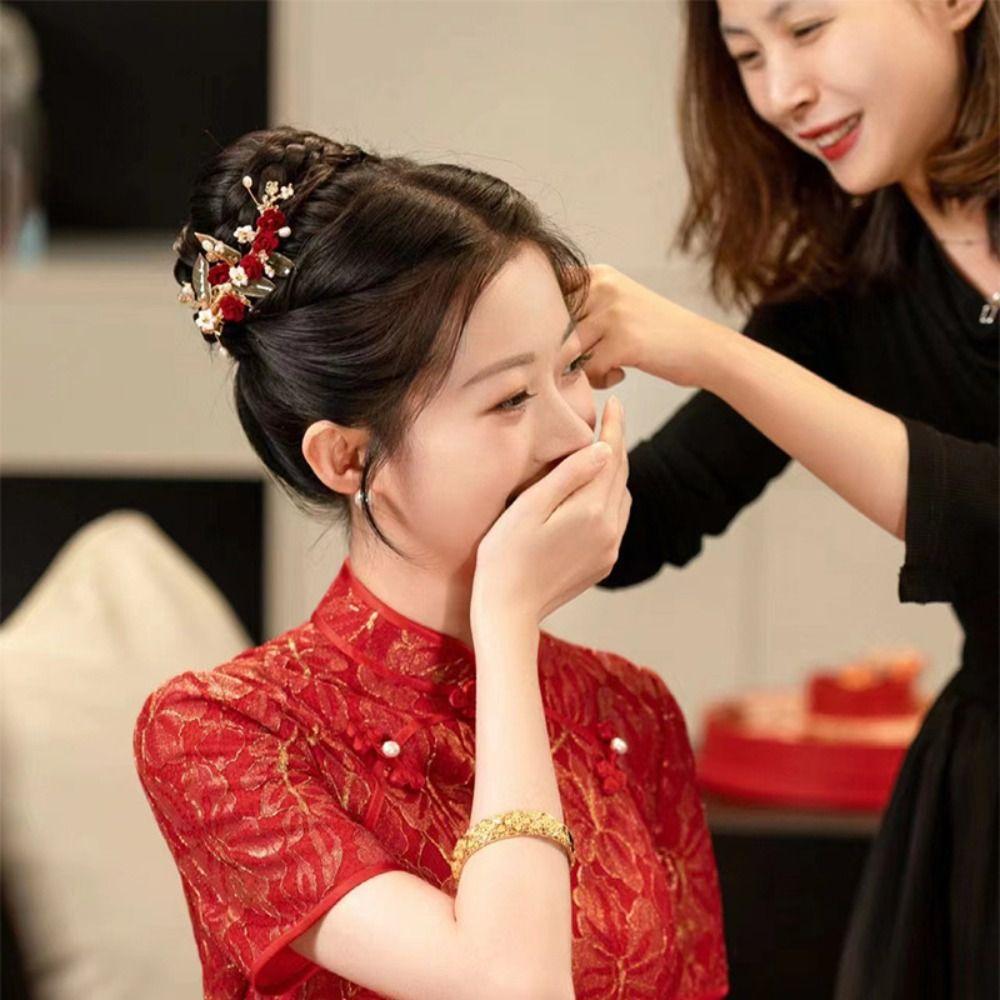 Red Bridal Headwear Pearl Wedding Hair Jewelry Exquisite Bride Tiara  Women