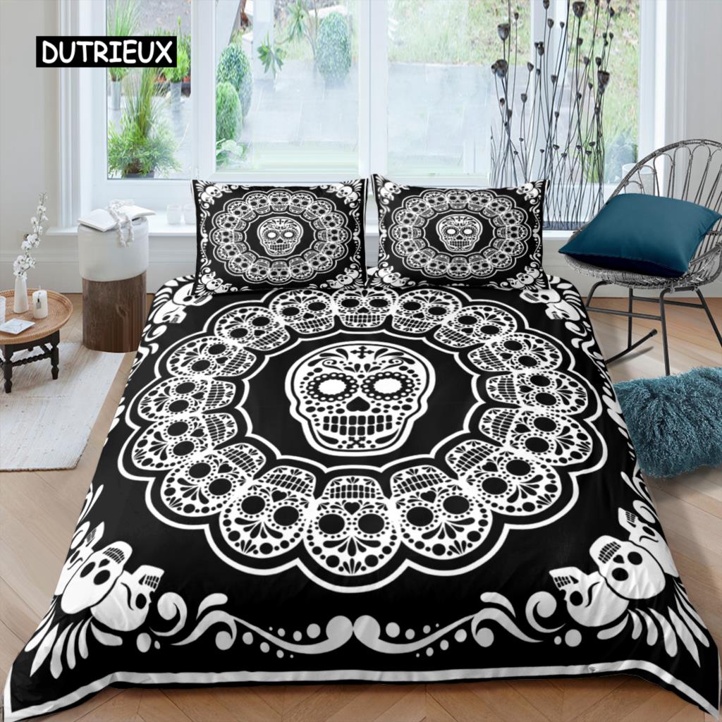 Ložní soupravy Sugar Skull King Krása Polibek Lebka Povlak na přikrývku Ložní souprava Bohémský potisk Černé ložní prádlo Velikost Queen Bedline