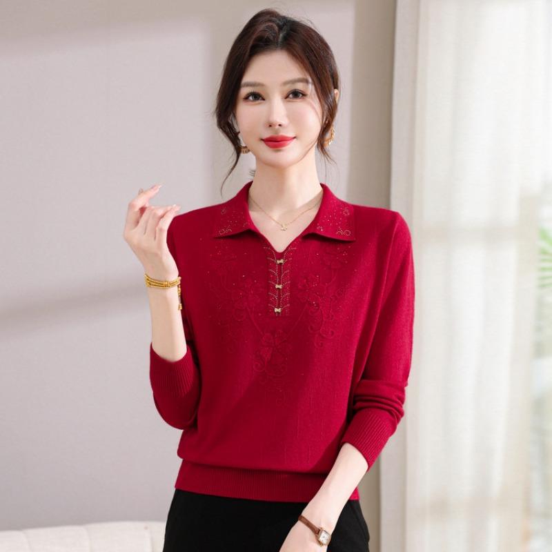 Middle-aged and Elderly Women's Autumn Sweater Long-sleeved Age-reducing Knitted Sweater Fashionable Mother's Autumn Lapel Bottoming Top