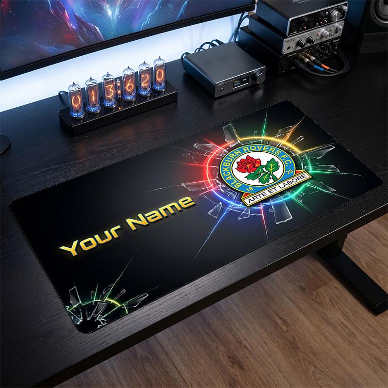 Blackburn Rovers FC Custom Large Mouse Pad, Personalized Name Text Print, Football Logo Non‑Slip Desk Mat Gaming Gift