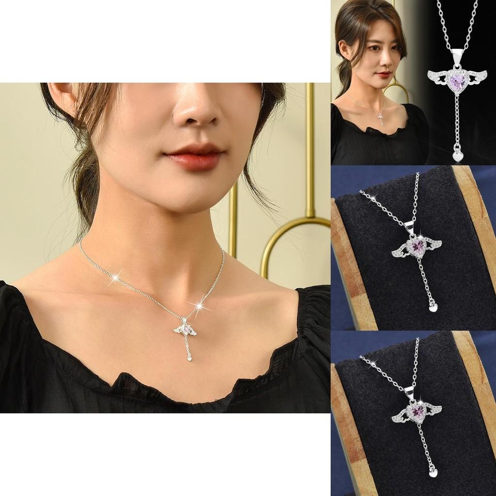 Stylish Romantic Heart Necklace With Angel Wings And Diamond Inlay For Women