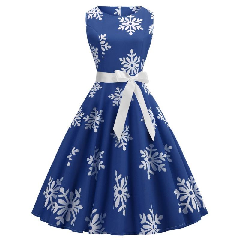 

Платформа, темпераментный круглый вырез без рукавов ретро принт снежинки большая юбка-свинг W XXL синий