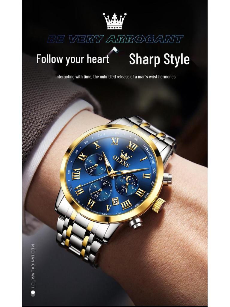 Wielofunkcyjny zegarek męski Oulishi: Luminous Calendar, Waterproof, Steel Band, Three-Eye, Six-Hand.