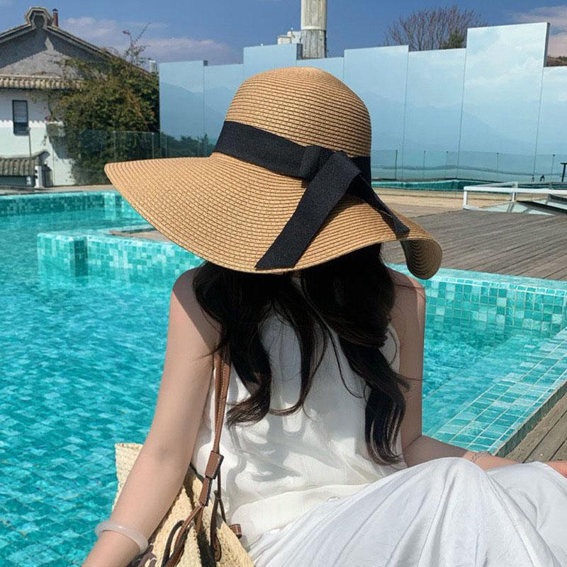 Summer Straw Hat Big Wide Brim Foldable Beach Floppy Sun Block UV Protection Ladies Outdoor Travel Straw Hat