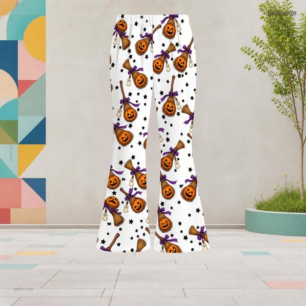 Girls Cartoon Potted Carnivorous Plant Print White High Waist Flare Pants