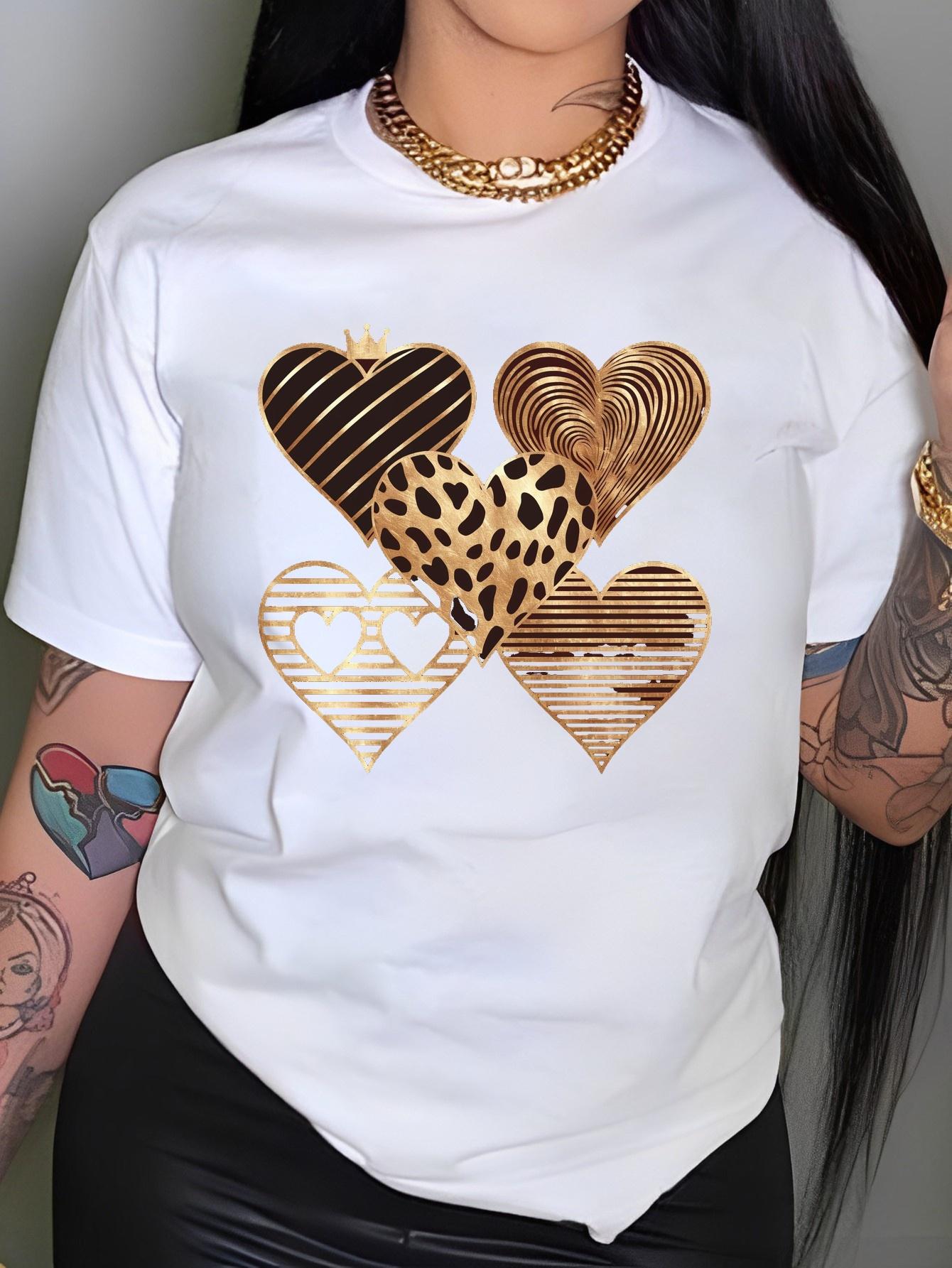 

five distinct heart designs women s comfit t-shirt Casual Crew Neck Short Sleeve Top Knit Fabric Spring/Summer/Fall Fashion S