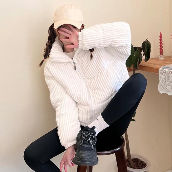 Damen Cord Pufferjacke Langarm Reißverschluss Gesteppt Daunenmantel Winter Verdickt Warm Gefüttert Oberbekleidung