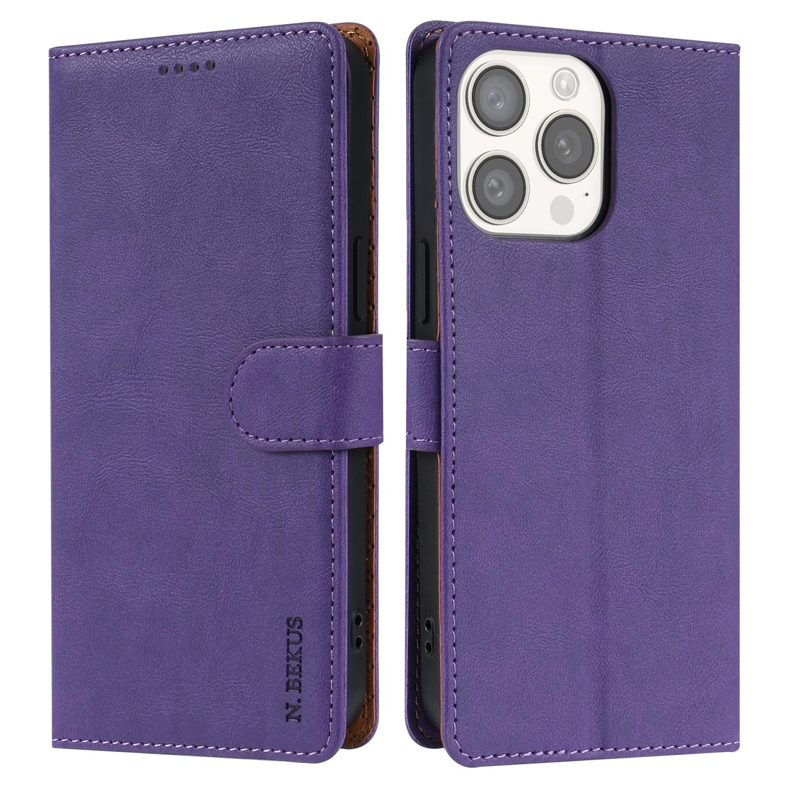 

N.BEKUS CSJ-001 For iPhone 16 Pro Max Stand Case PU Leather Wallet Phone Cover Purple