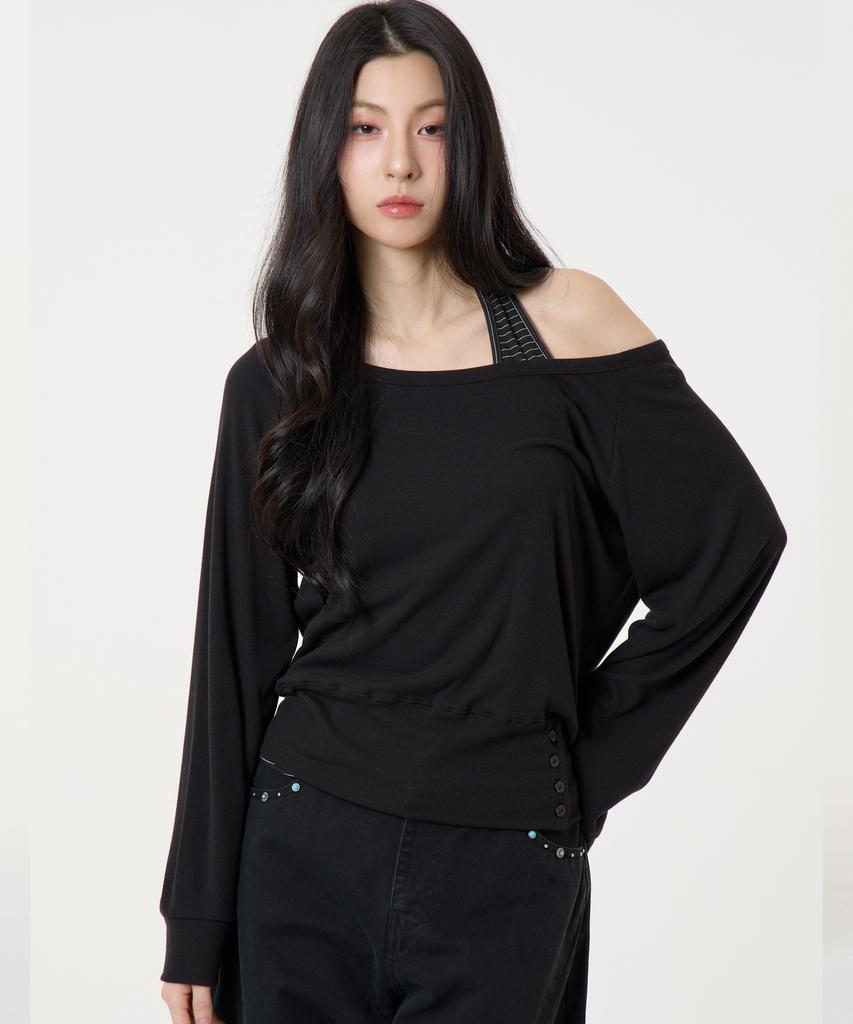 UNKNOWN PLANET [Set] Layered Striped Halter Top Long Sleeve T-Shirt Black