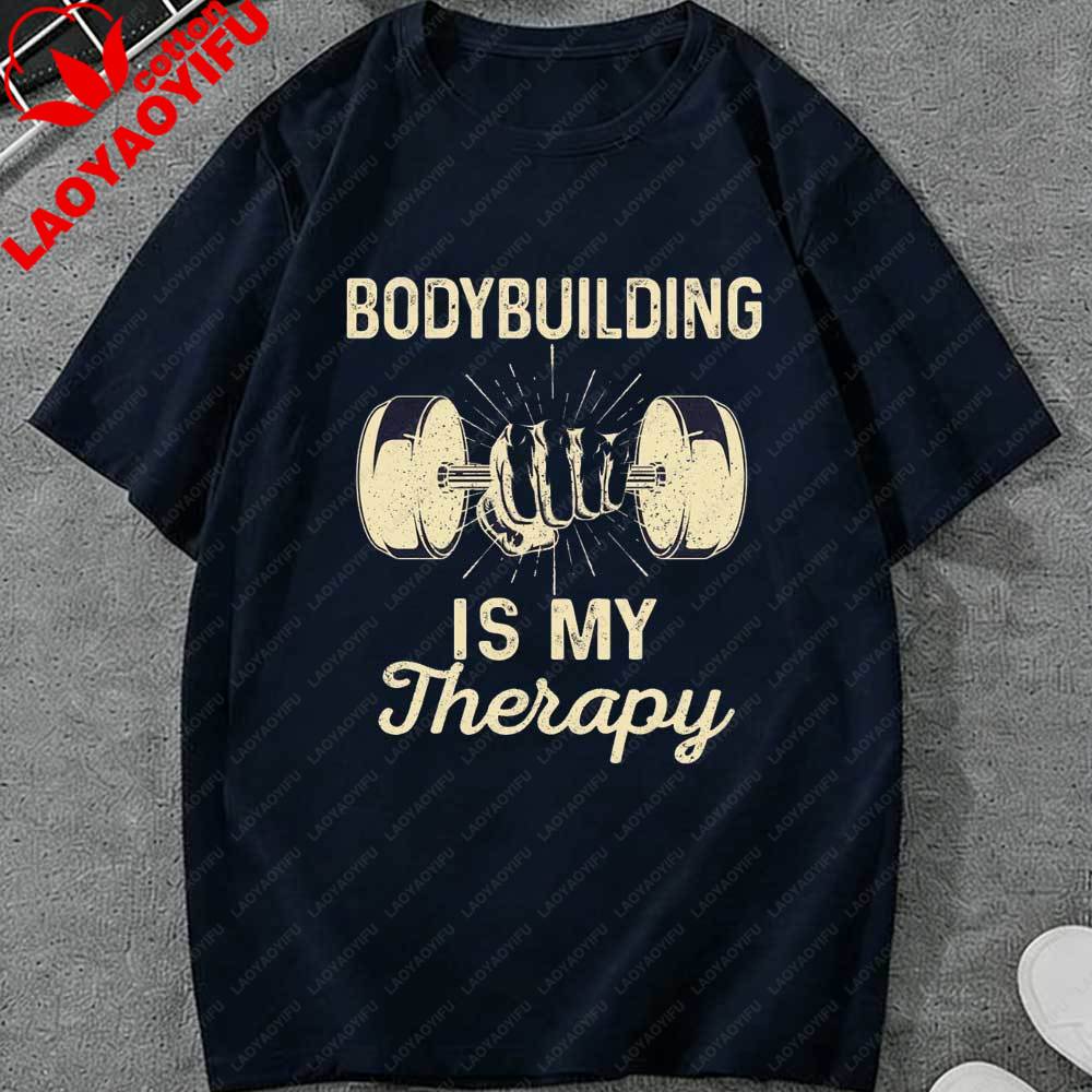 Unisexs Bodybuilding Is My Therapy Gym TShirt Vintage Dumbbell Print Casual Short Sleeve Crew Neck Tee for Fitness Fans Gift