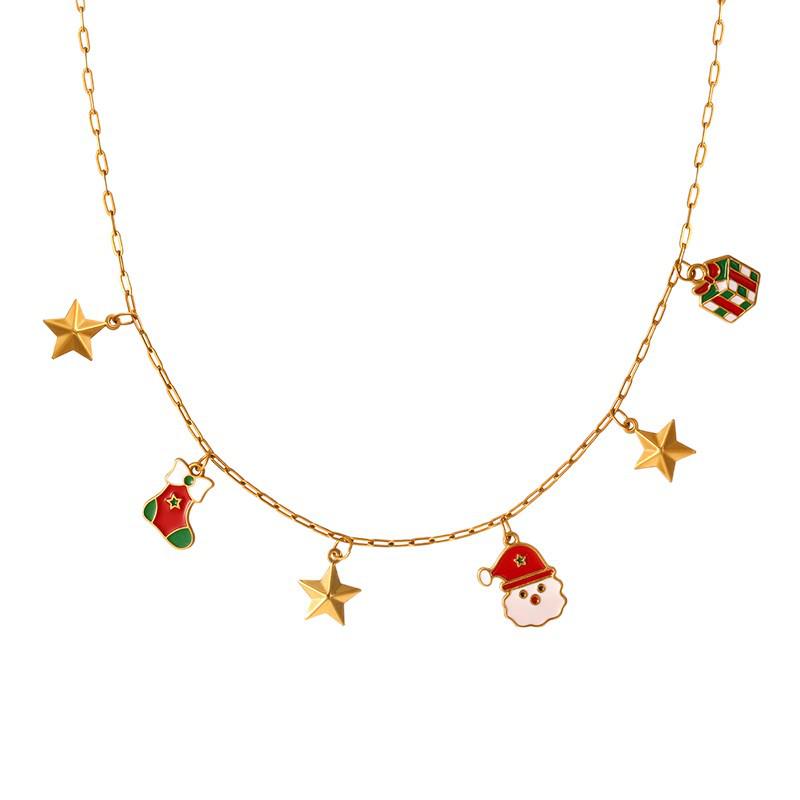 Women's Christmas Multi-Pendant Santa Claus & Reindeer Necklace - Titanium Steel