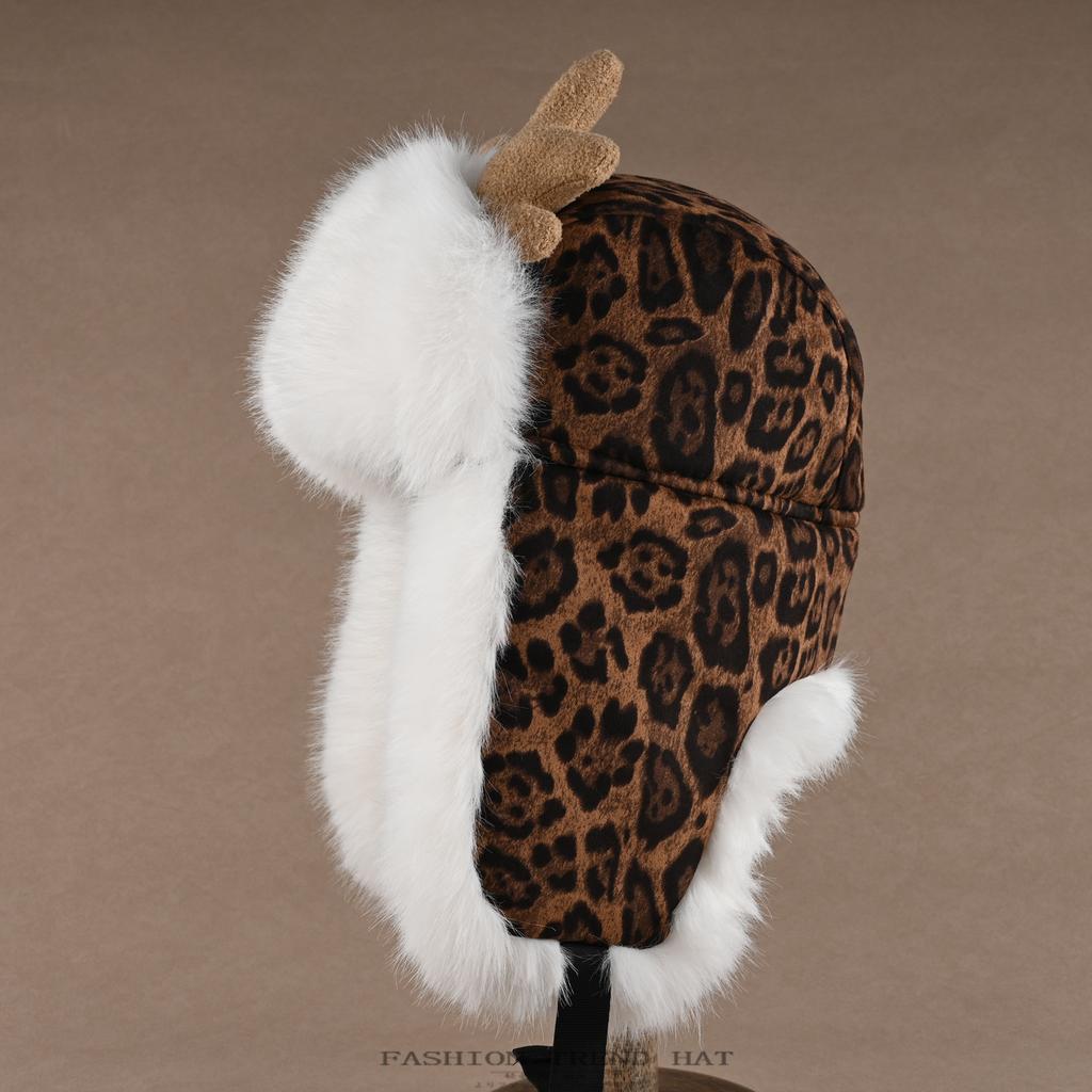 Antlers Leopard Print Hat Women's Winter Thickened Plush Ear Protection Hat Men's Outdoor Cycling Cold-proof Snow Mountain Hat