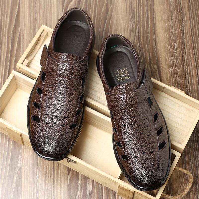 Summer Fashion New Men's Leather Breathable Casual Hole Shoes Father Anti-slip Soft Bottom Father Hollow Out Leather Sandals
