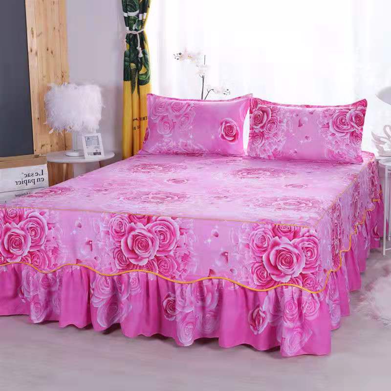 Fashion Soft Sanding Bedspread Anti-skip Wedding Bed skirt Queen King Size No Pilling Fitted Sheet Cover Double Layer Bed Cover
