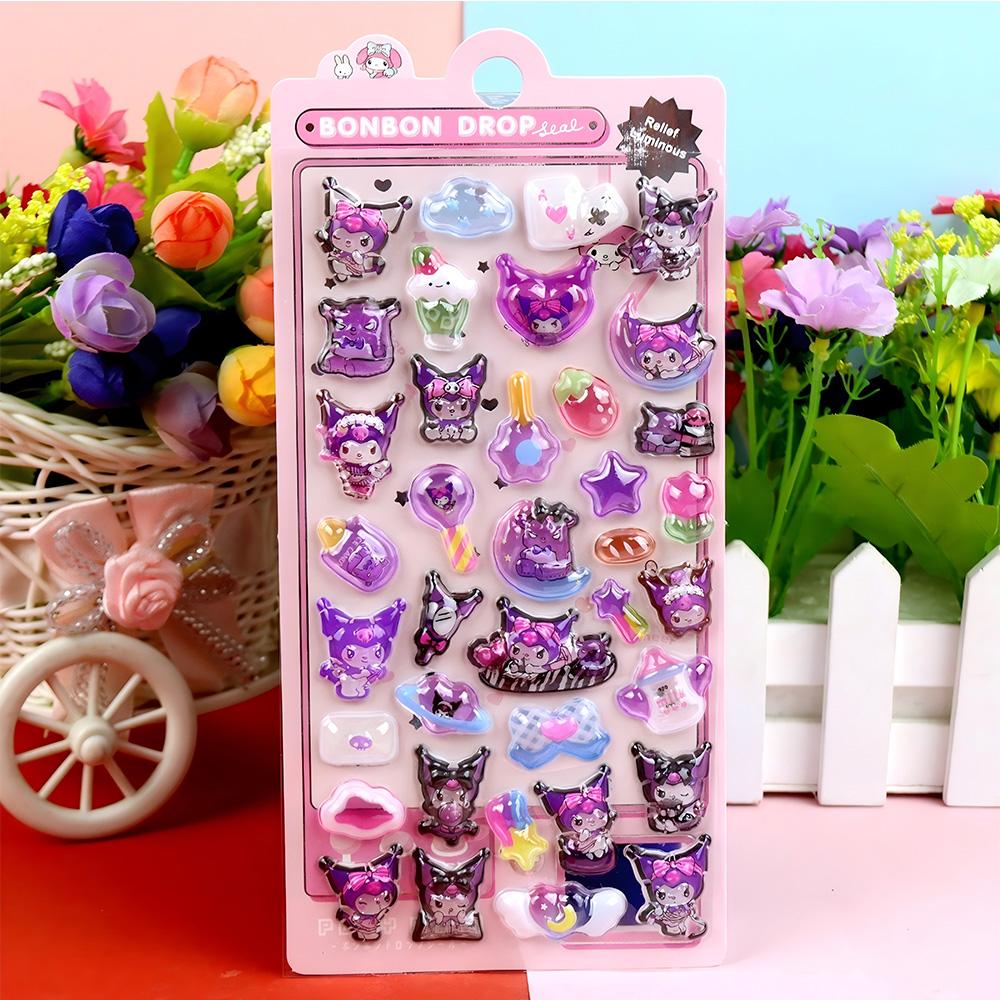 Luminous Cute Sanrio 3D Relief Stickers Kawaii Girls Kuromi Cinnamoroll My Melody Crystal Decals Kids Decoration Sticker Packs