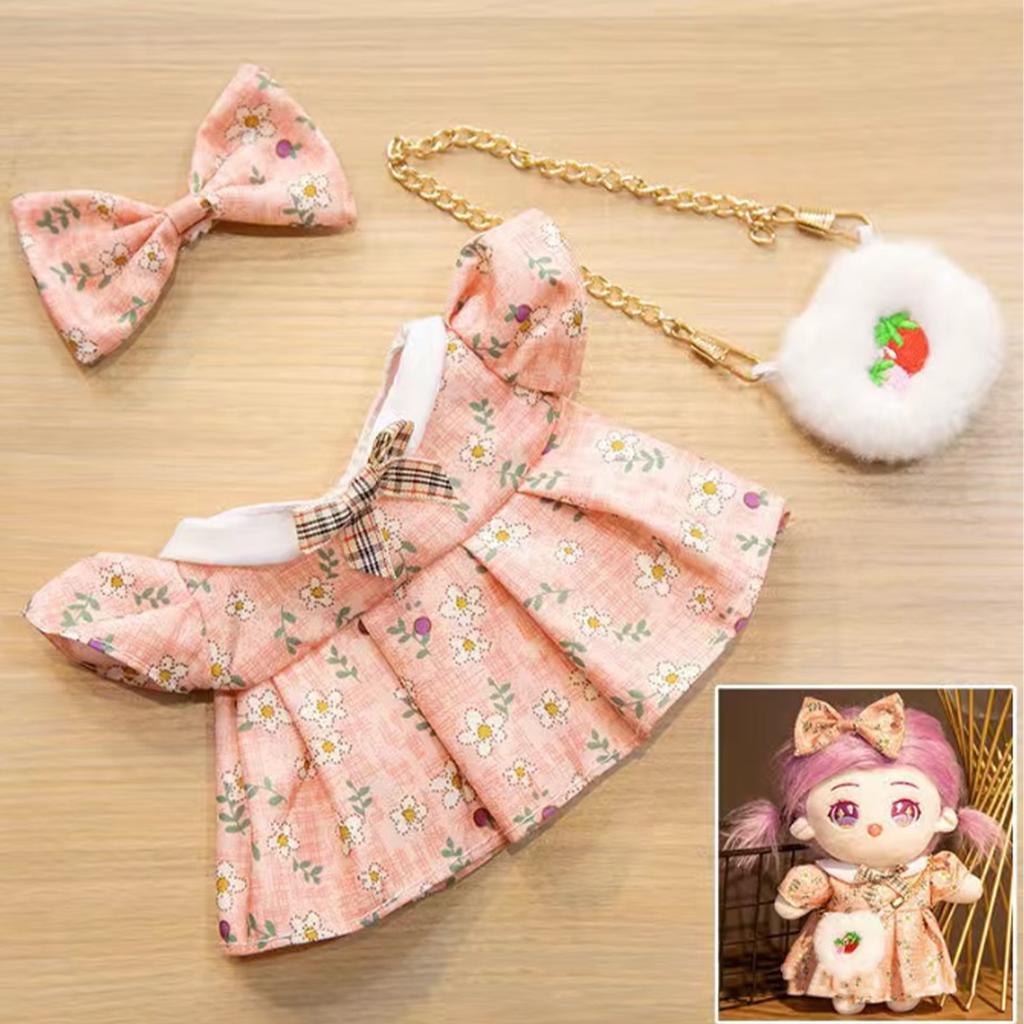 Girl Doll Clothes Accessories with Shoes Bow Bag for 20cm Dolls Floral Print Cute Girl Doll Clothing