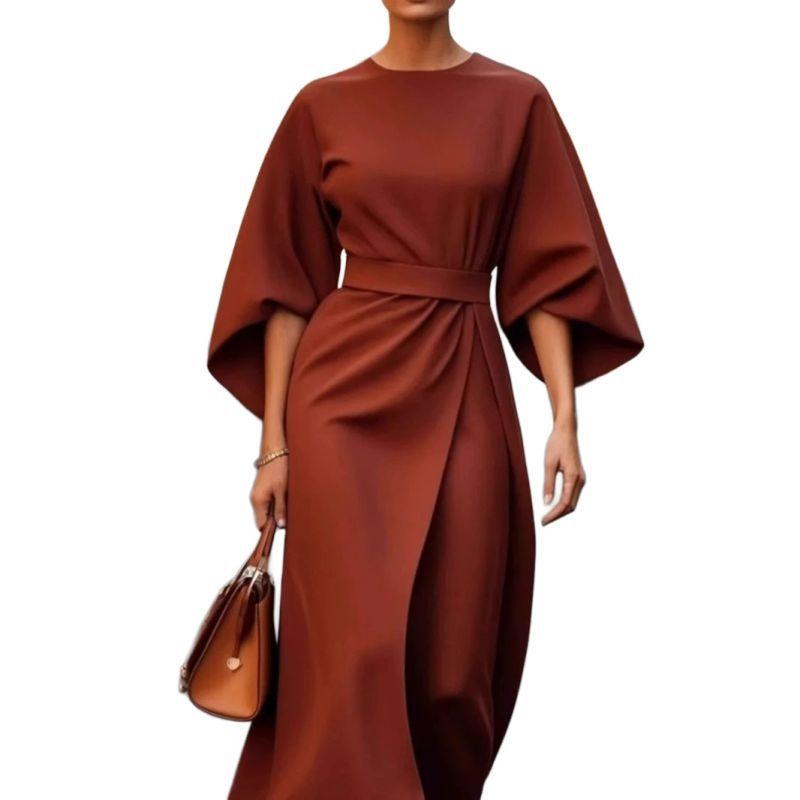 Minimalist Crew Neck Wrap Dress Elegant Belted Midi Dress