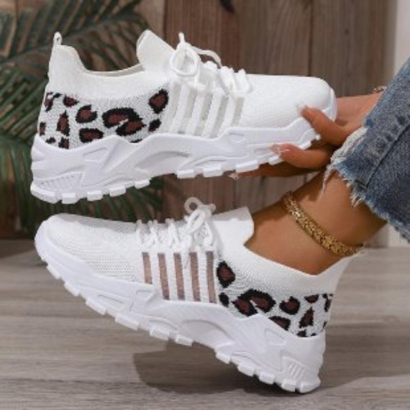 Large Size Fly-woven Sneakers Spring and Summer New Round Head Muffin Sole Leopard Print Breathable Single Shoes