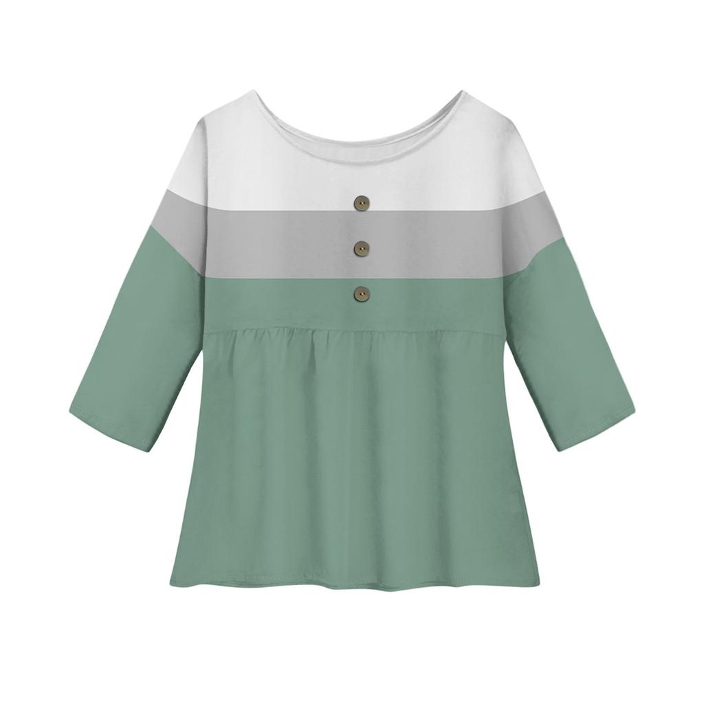 Damen Casual Mode Dreiviertelarm Locker Rundhals Knopf Karoprint Oberteil