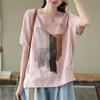 Magliette da donna retrò casual larghe in cotone lino taglia grande top stampati estivi girocollo maniche corte