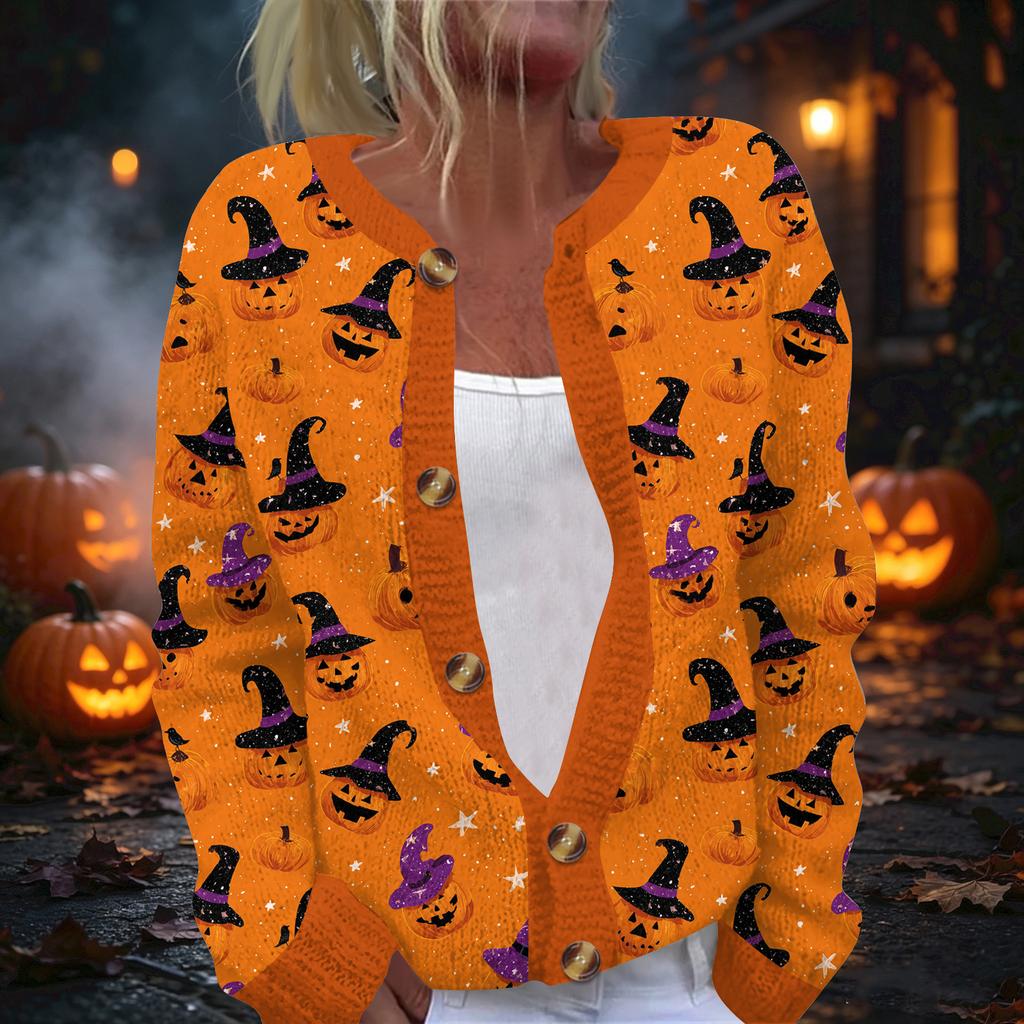 Damen Halloween Print Langarm Strickjacke Knopfleiste Oberbekleidung