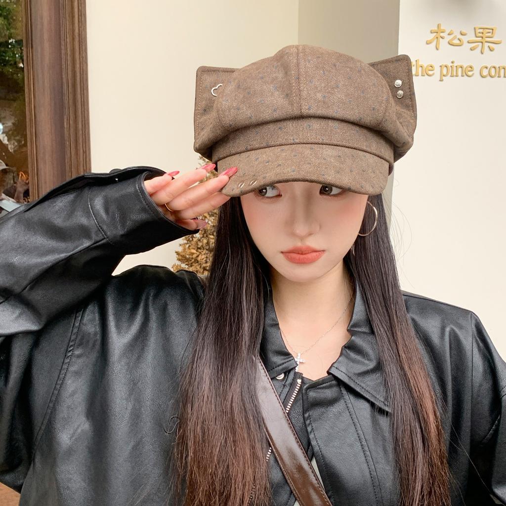 Polka dot cat ear octagonal hat women's fashion versatile square face show face small newsboy hat beret painter hat