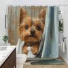 1 Stück Yorkshire Terrier Welpe Duschvorhang - Blaues Handtuch, Hyperrealistischer Druck, Beige Fliesen, Polyester, 70,8x70,8 Zoll, 12 Haken