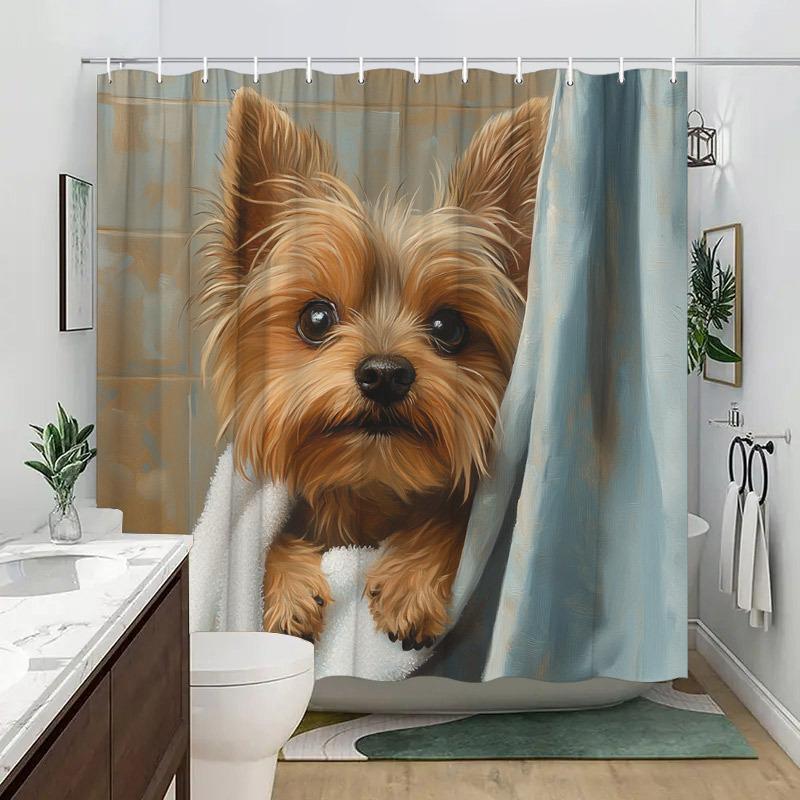 1 Stück Yorkshire Terrier Welpe Duschvorhang - Blaues Handtuch, Hyperrealistischer Druck, Beige Fliesen, Polyester, 70,8x70,8 Zoll, 12 Haken